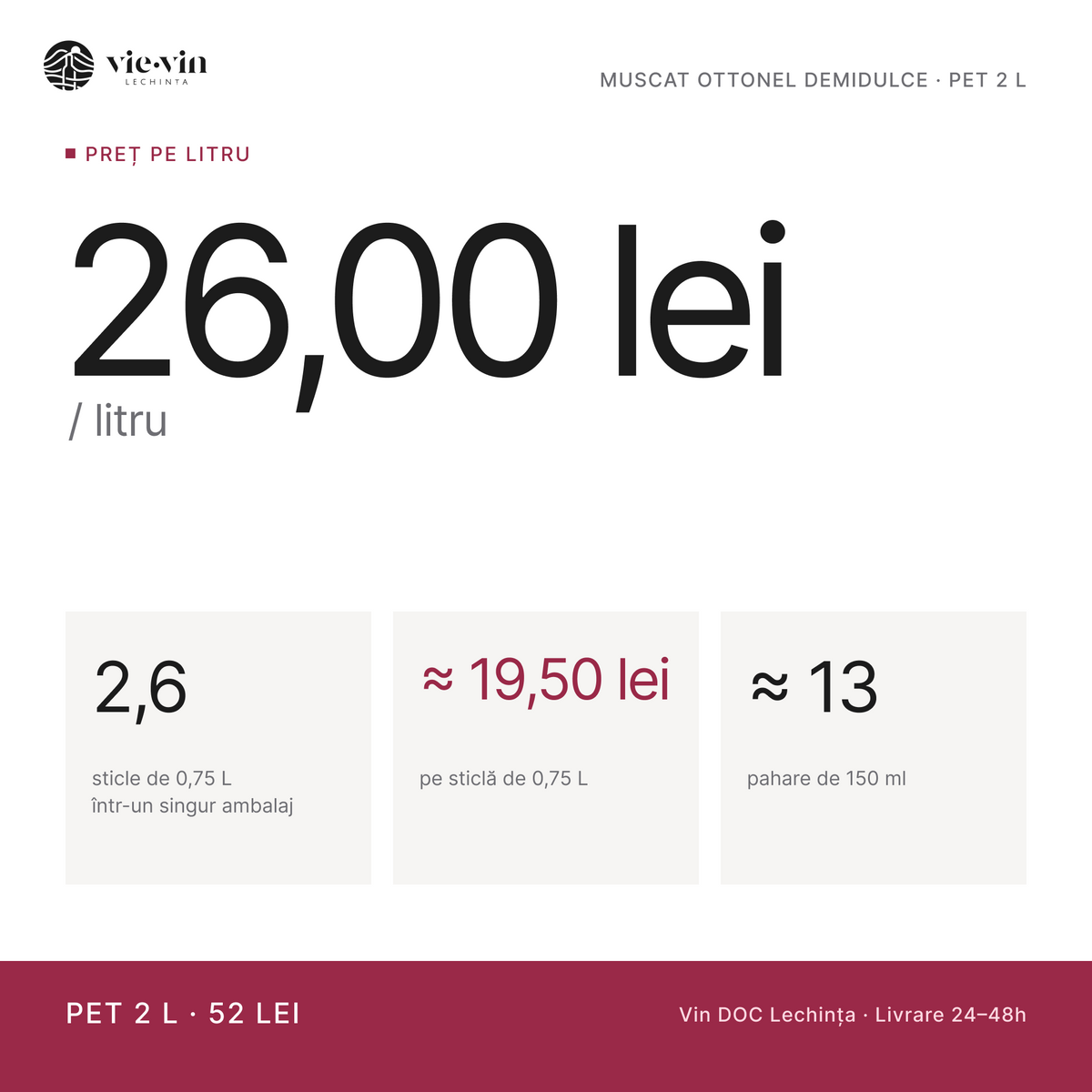 Preț pe litru: 26,00 lei/L – Muscat Ottonel Demidulce, PET 2 L
