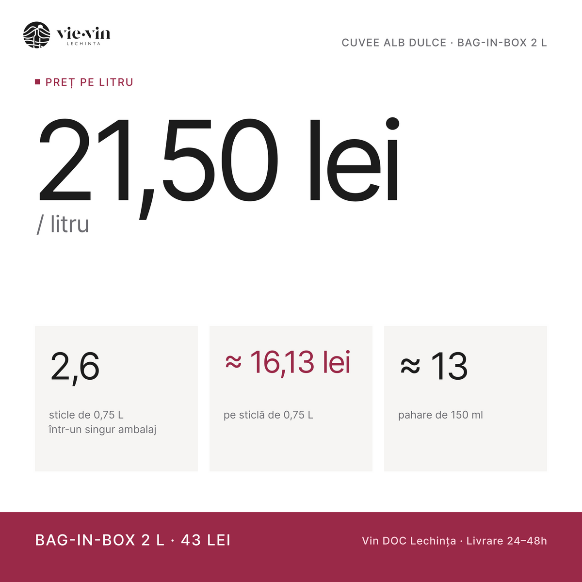 Preț pe litru: 21,50 lei/L – Cuvee Alb Dulce, Bag-in-Box 2 L