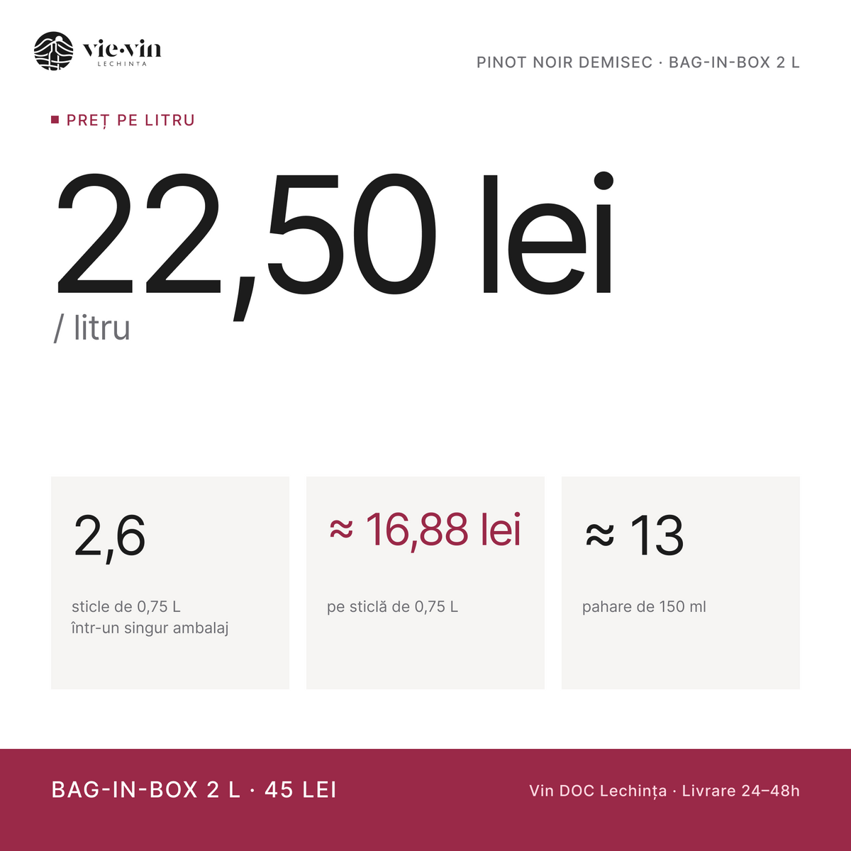 Preț pe litru: 22,50 lei/L – Pinot Noir Demisec, Bag-in-Box 2 L