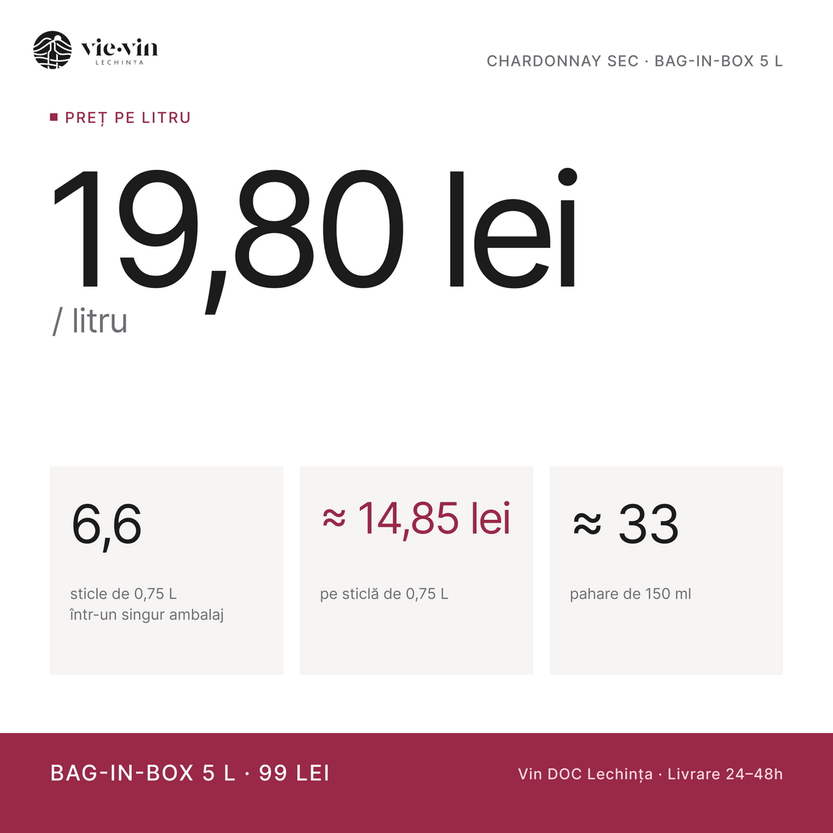 Preț pe litru: 19,80 lei/L – Chardonnay Sec, Bag-in-Box 5 L