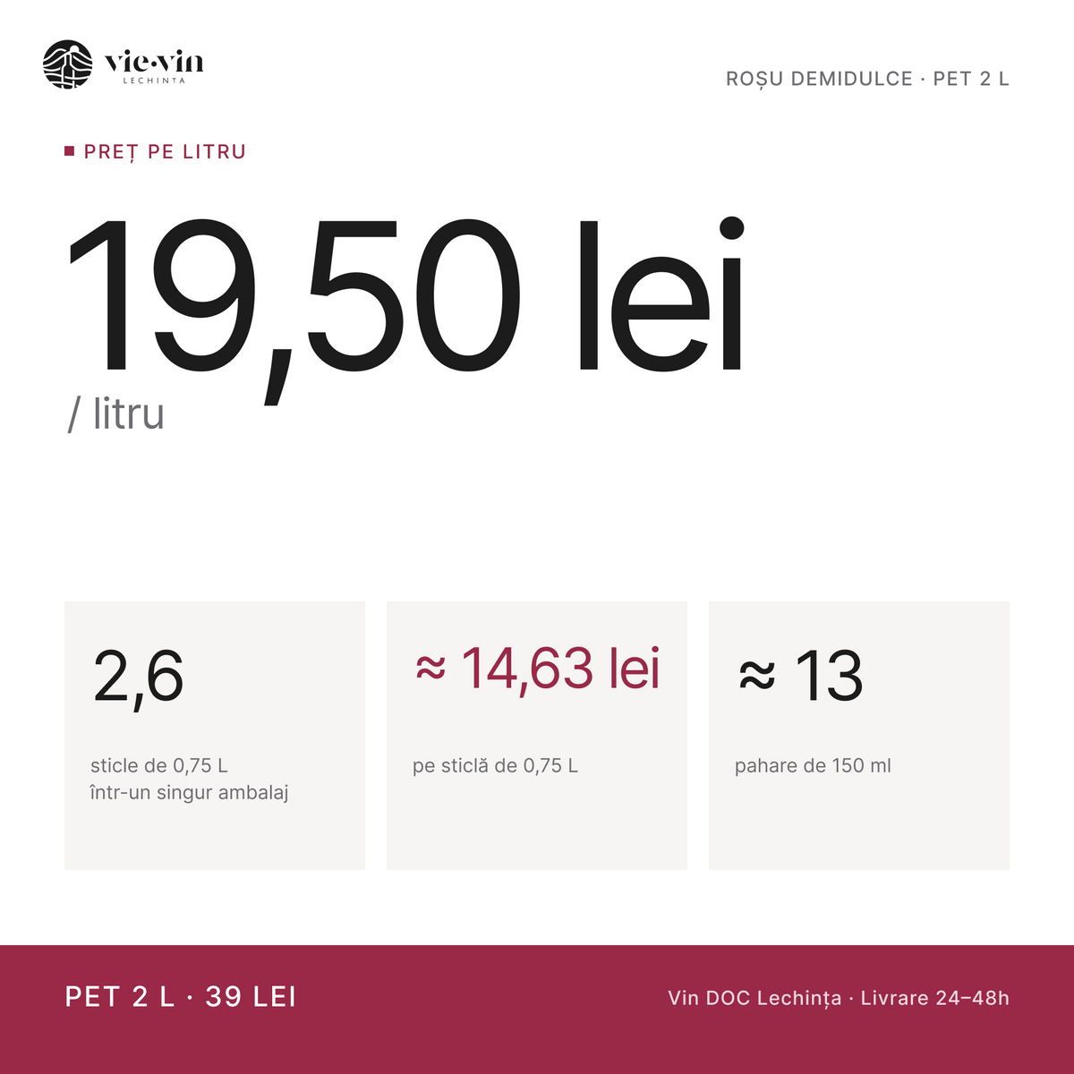 Preț pe litru: 19,50 lei/L – Roșu Demidulce, PET 2 L