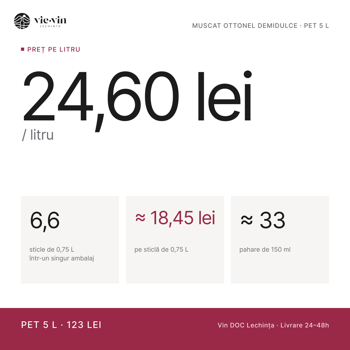Preț pe litru: 24,60 lei/L – Muscat Ottonel Demidulce, PET 5 L