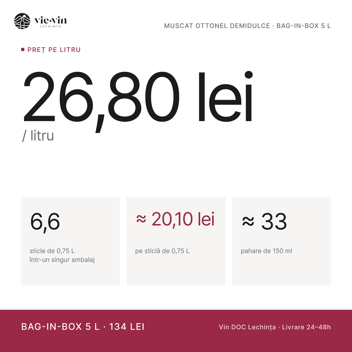 Preț pe litru: 26,80 lei/L – Muscat Ottonel Demidulce, Bag-in-Box 5 L