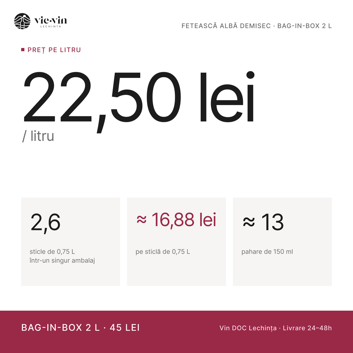Preț pe litru: 22,50 lei/L – Fetească Albă Demisec, Bag-in-Box 2 L