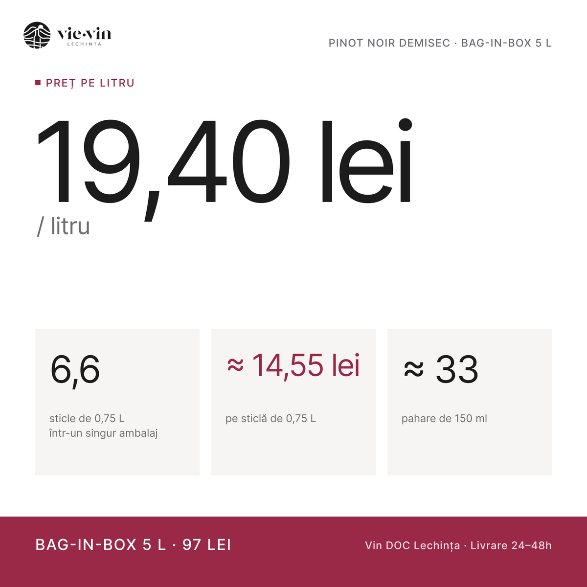 Preț pe litru: 19,40 lei/L – Pinot Noir Demisec, Bag-in-Box 5 L