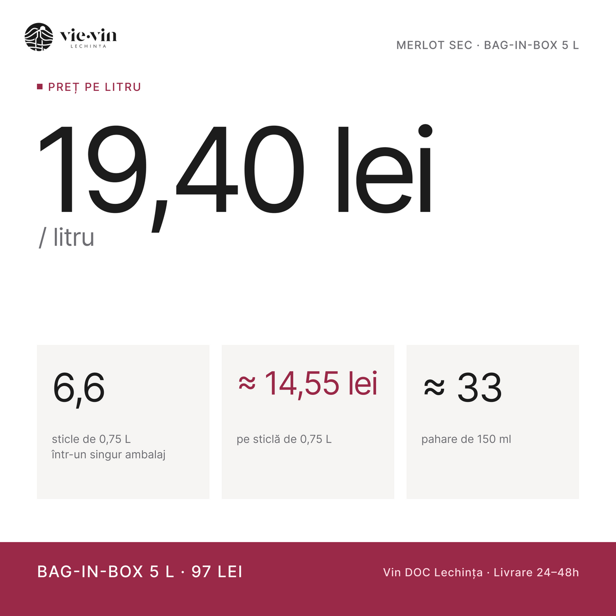 Preț pe litru: 19,40 lei/L – Merlot Sec, Bag-in-Box 5 L