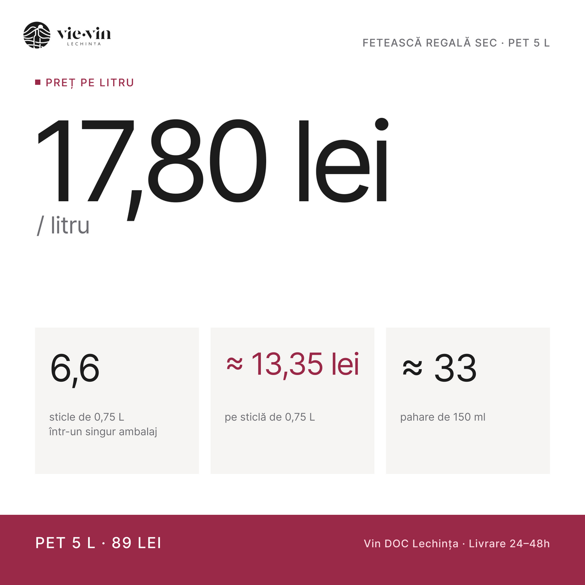 Preț pe litru: 17,80 lei/L – Fetească Regală Sec, PET 5 L