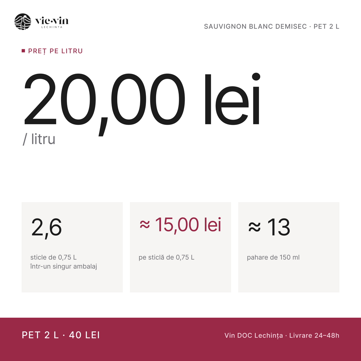 Preț pe litru: 20,00 lei/L – Sauvignon Blanc Demisec, PET 2 L